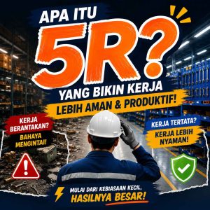 Pekerja industri menerapkan budaya 5R di area kerja yang bersih rapi dan aman