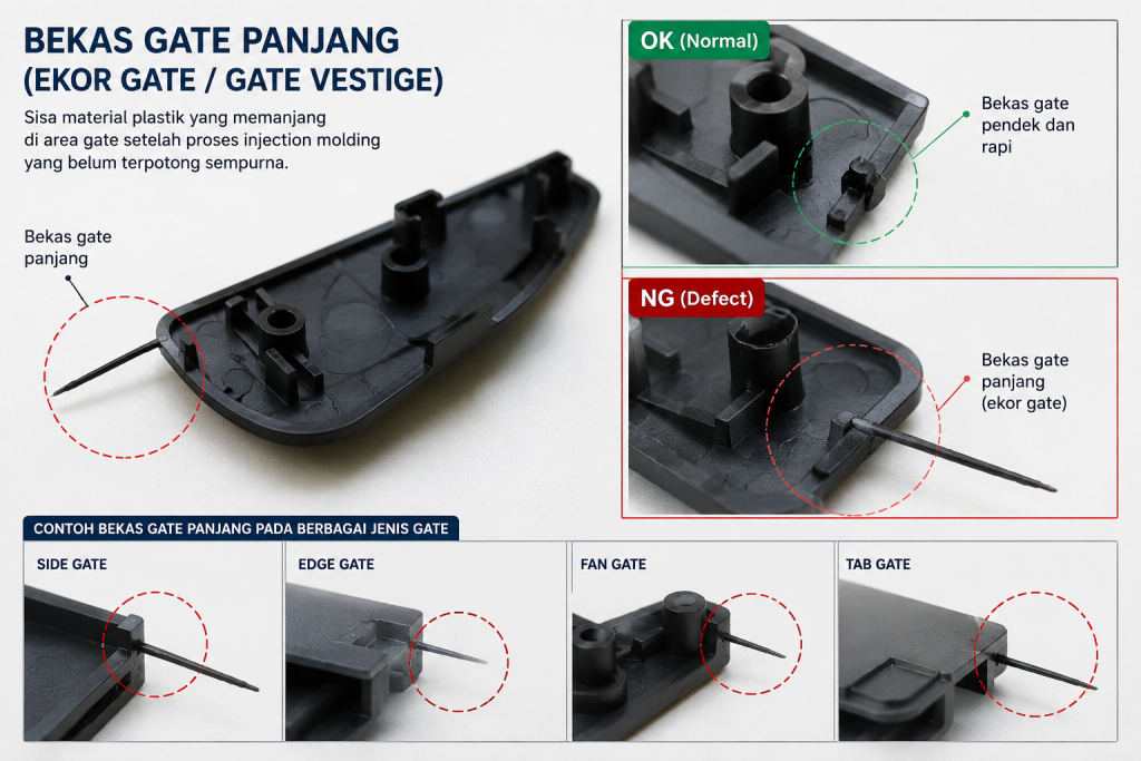 Bekas gate panjang pada produk plastik hasil injection molding