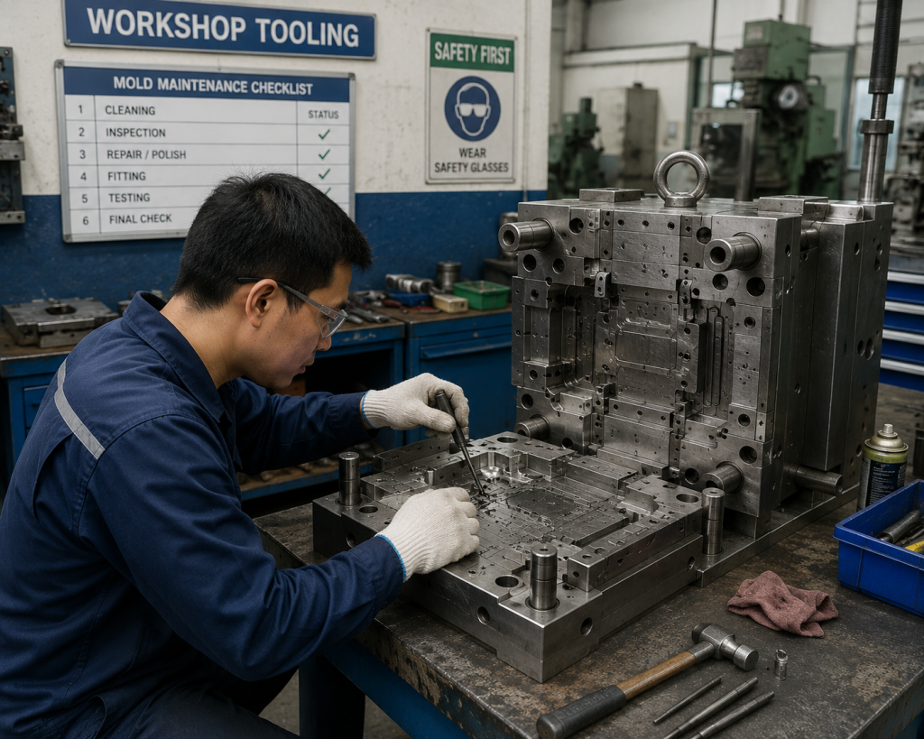 Teknisi melakukan perawatan mold injection molding di workshop tooling