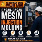 Karyawan baru mempelajari cara dasar mengoperasikan mesin injection molding di area produksi pabrik manufaktur