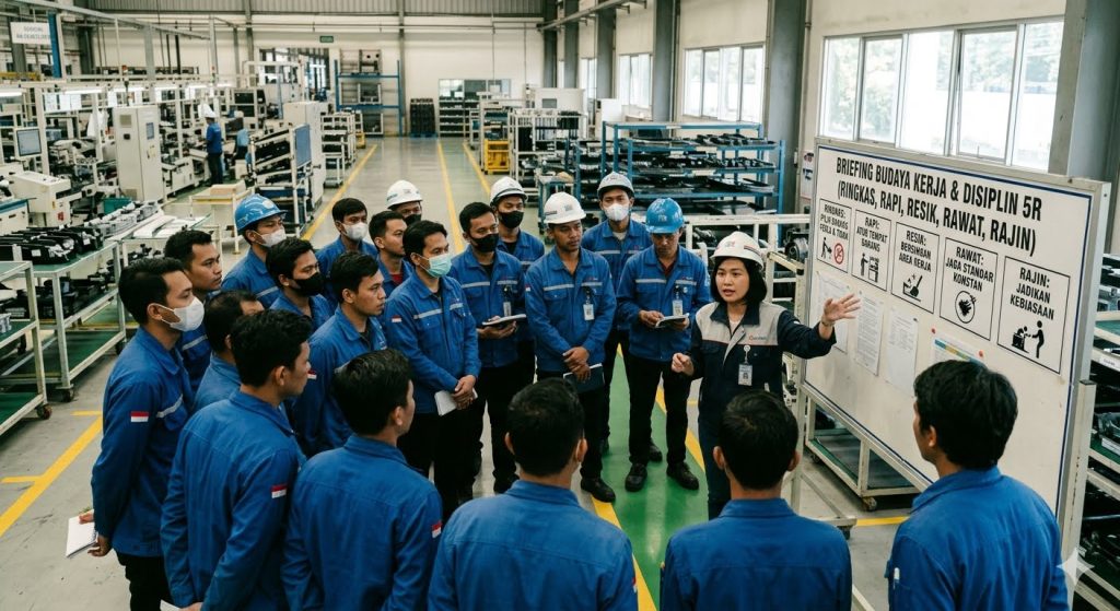 Tim produksi mengikuti briefing budaya kerja dan disiplin 5R