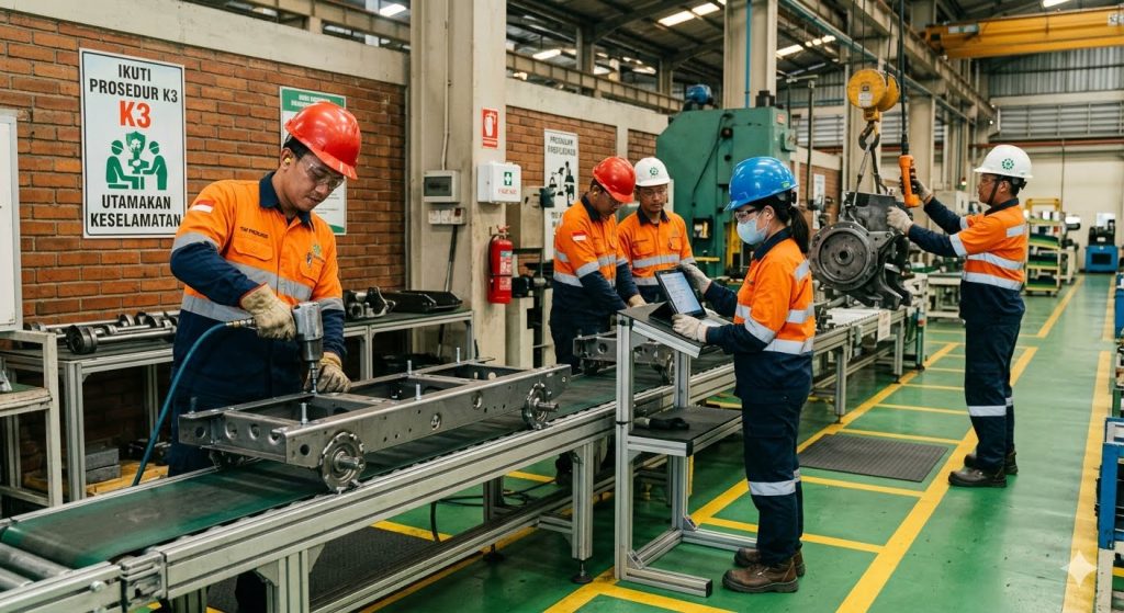 Tim produksi bekerja sesuai prosedur keselamatan perusahaan