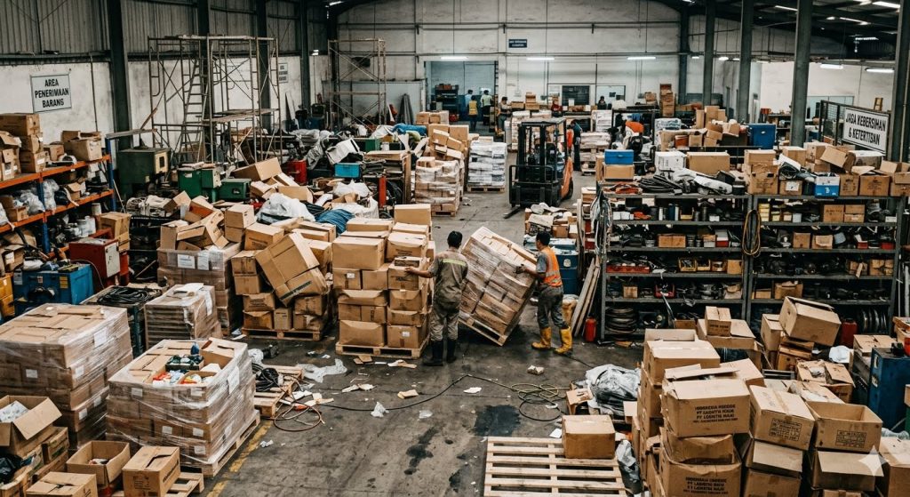 Area gudang berantakan dengan barang tidak tersusun sesuai prosedur
