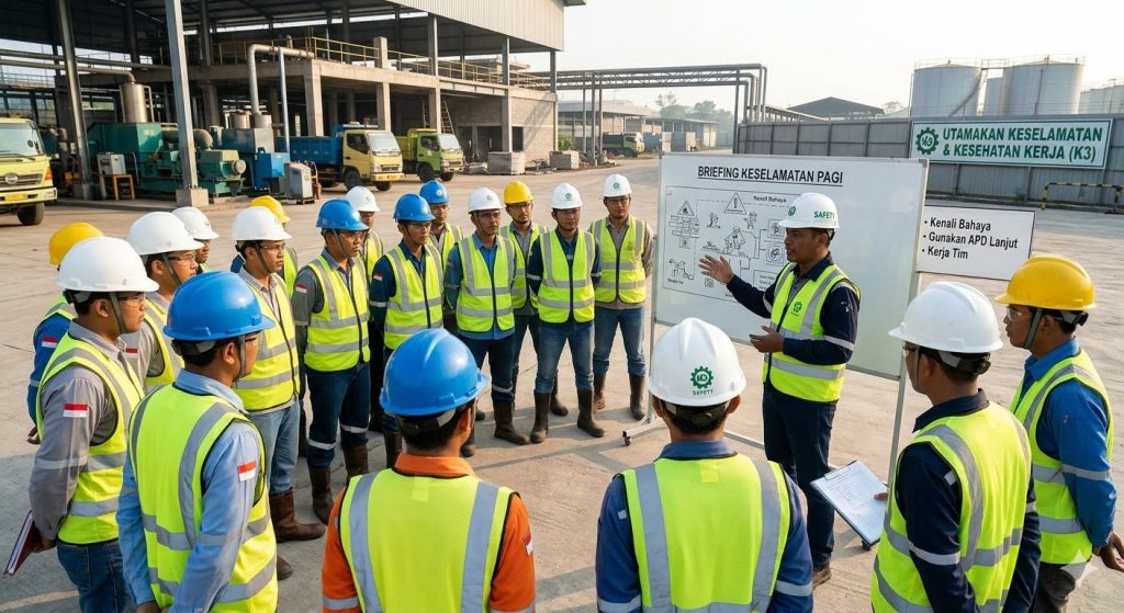 Safety briefing pagi sebelum pekerja memasuki area operasional perusahaan