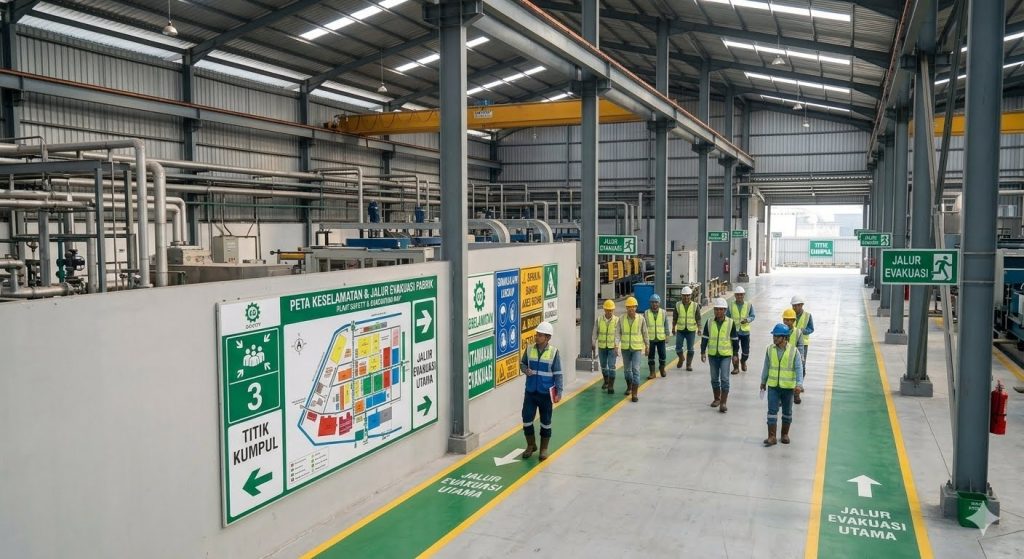 Rambu keselamatan kerja dan jalur evakuasi di area industri