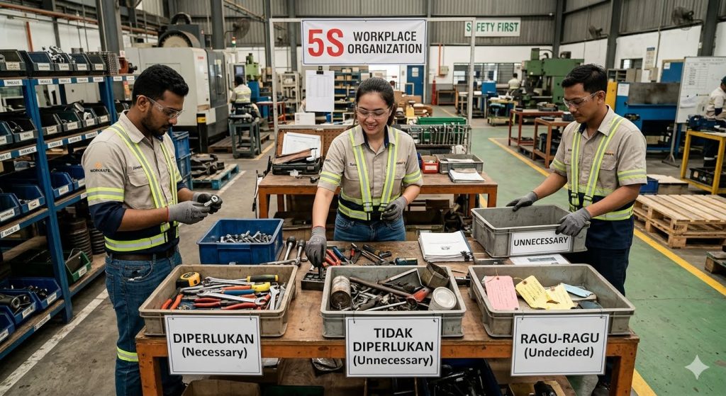 Pekerja memisahkan barang yang diperlukan dan tidak diperlukan di area kerja