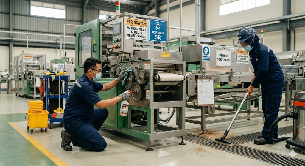 Karyawan membersihkan mesin produksi dan area kerja secara rutin