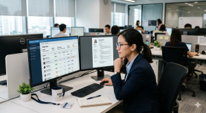Recruiter melakukan screening kandidat kerja melalui komputer di kantor modern