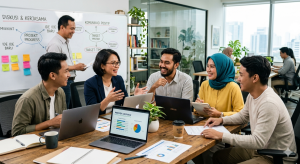 Tim karyawan berdiskusi dan bekerja sama dengan komunikasi yang positif di kantor