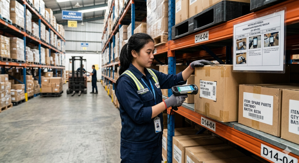 Petugas gudang memeriksa barcode dan kondisi fisik barang sesuai instruksi kerja