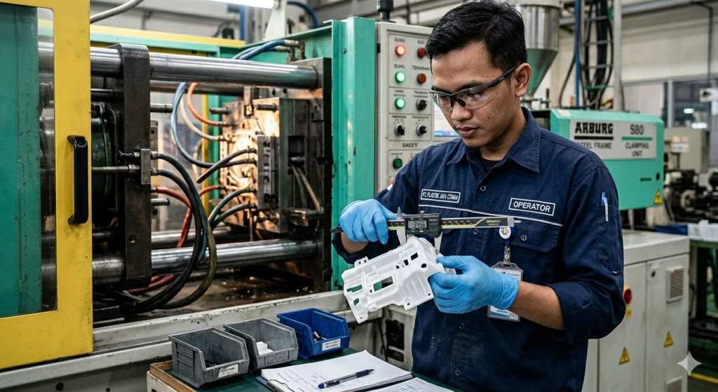 Quality control mengukur dimensi produk plastik menggunakan jangka sorong digital