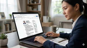 Pencari kerja sedang memperbaiki CV di laptop sebelum melamar pekerjaan