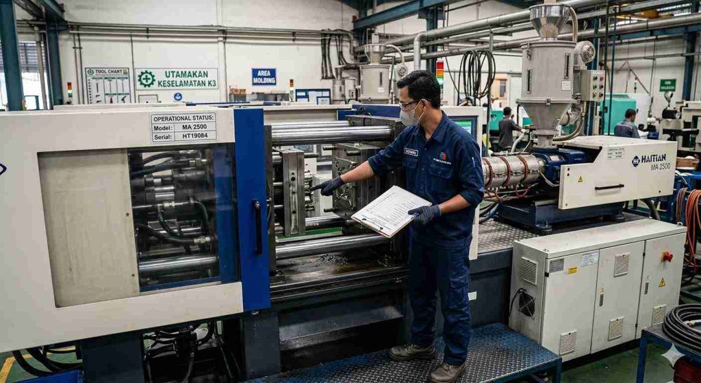 Operator molding sedang menjalankan pengecekan awal mesin sebelum produksi