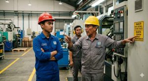 Karyawan baru mengabaikan instruksi operator senior di area produksi