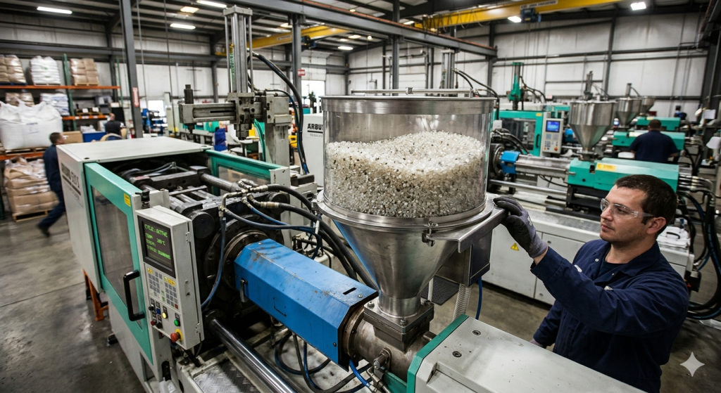 Butiran plastik resin untuk proses injection molding di area produksi
