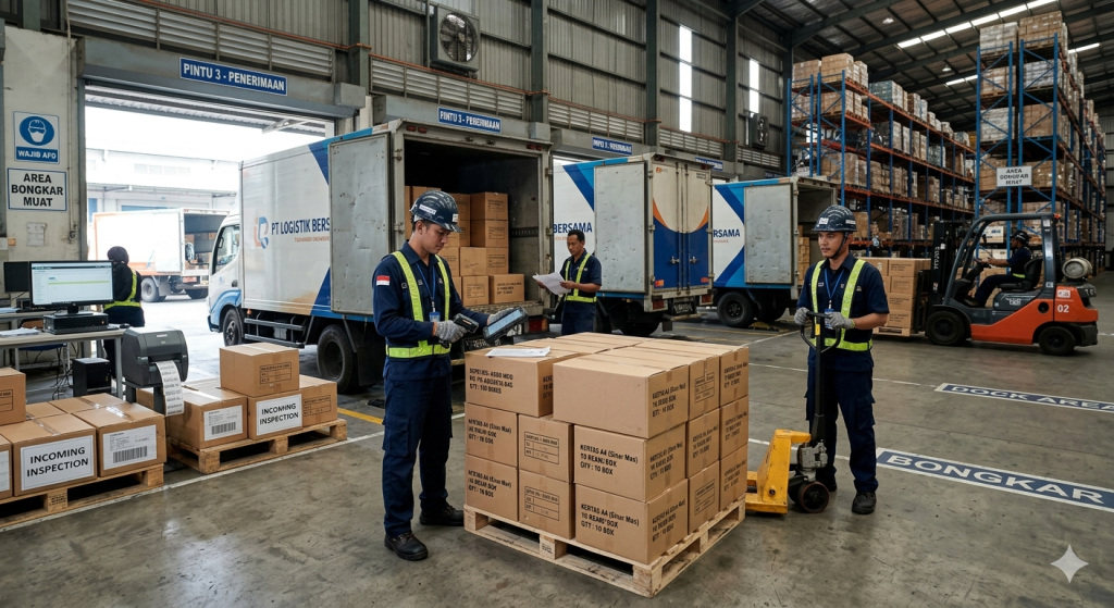 Proses penerimaan barang di gudang logistik perusahaan