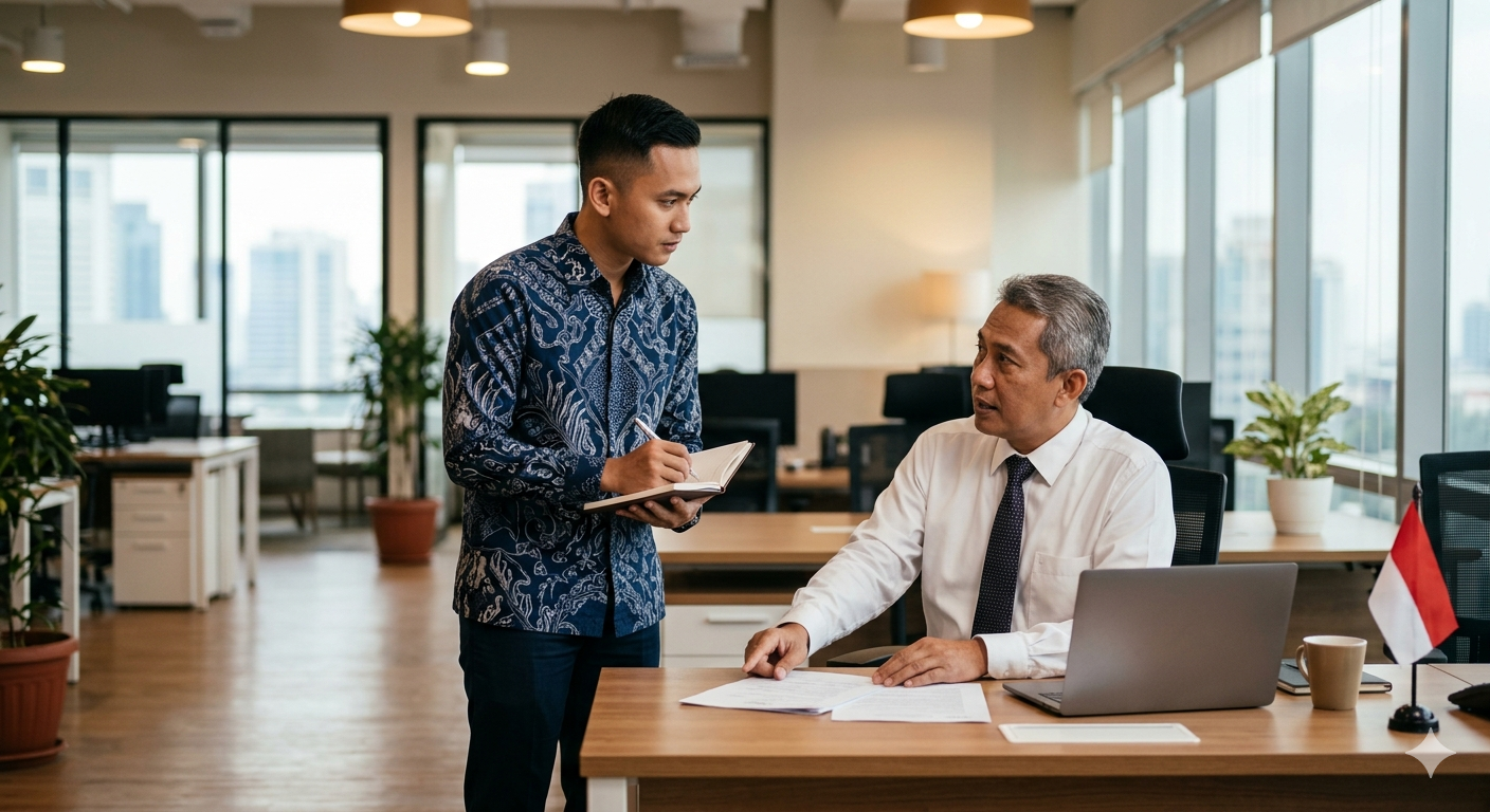 Karyawan menunjukkan sikap profesional saat menerima arahan dari atasan