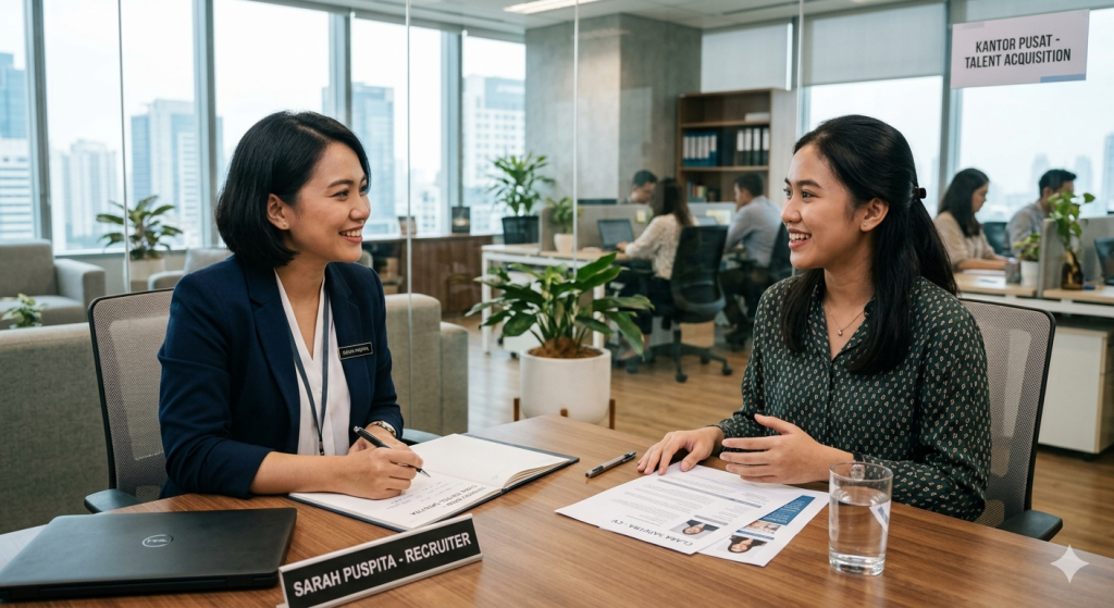 Suasana wawancara kerja profesional di ruang meeting