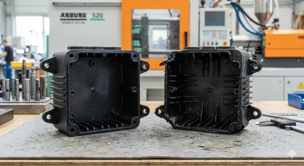 Produk short shot akibat rongga mold tidak terisi penuh selama proses injection