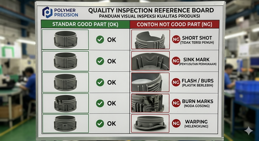 Contoh produk plastik good part dan not good part untuk inspeksi kualitas produksi