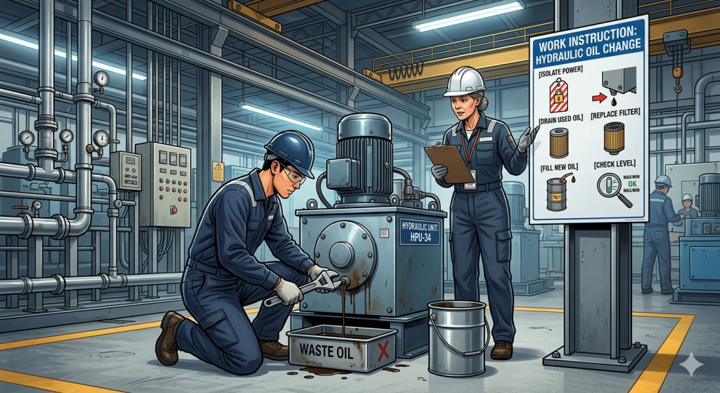Work instruction berisi langkah kerja detail dengan gambar dan panduan teknis