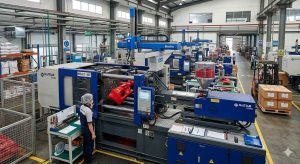 Mesin injection molding plastik di area produksi pabrik manufaktur