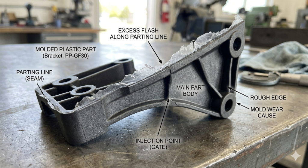 Contoh flash pada tepi produk plastik hasil injection molding