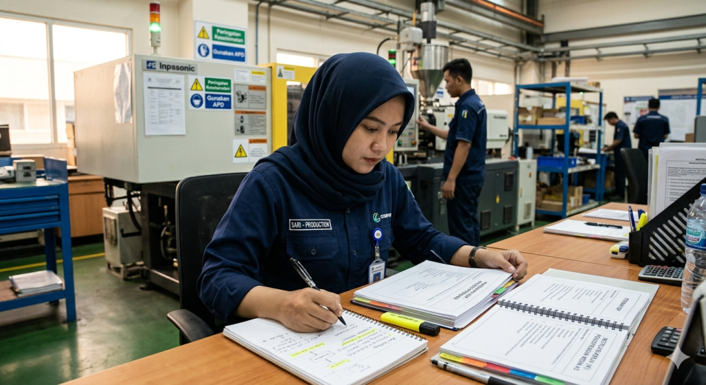 Karyawan mencatat poin penting saat mempelajari SOP dan instruksi kerja