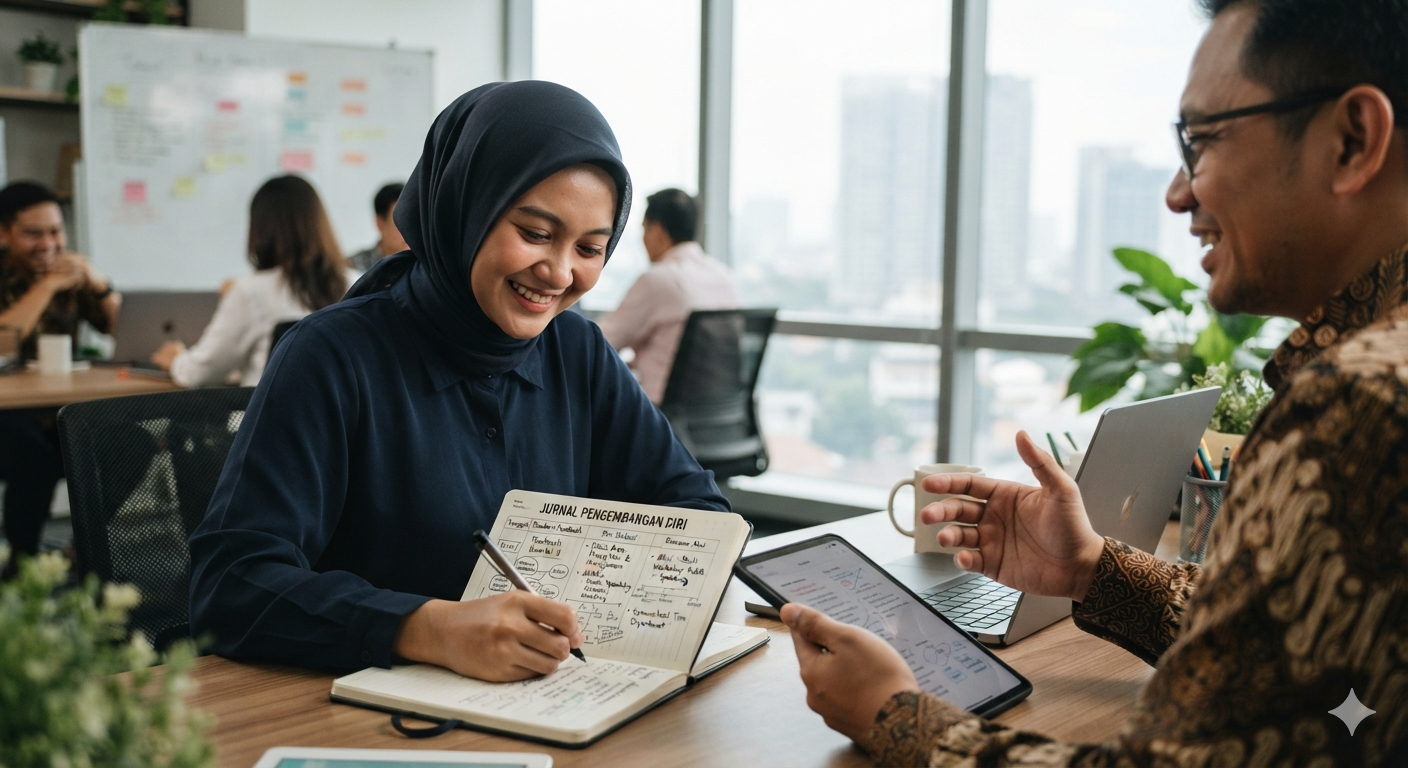 Karyawan mencatat feedback kerja sebagai bahan pengembangan diri
