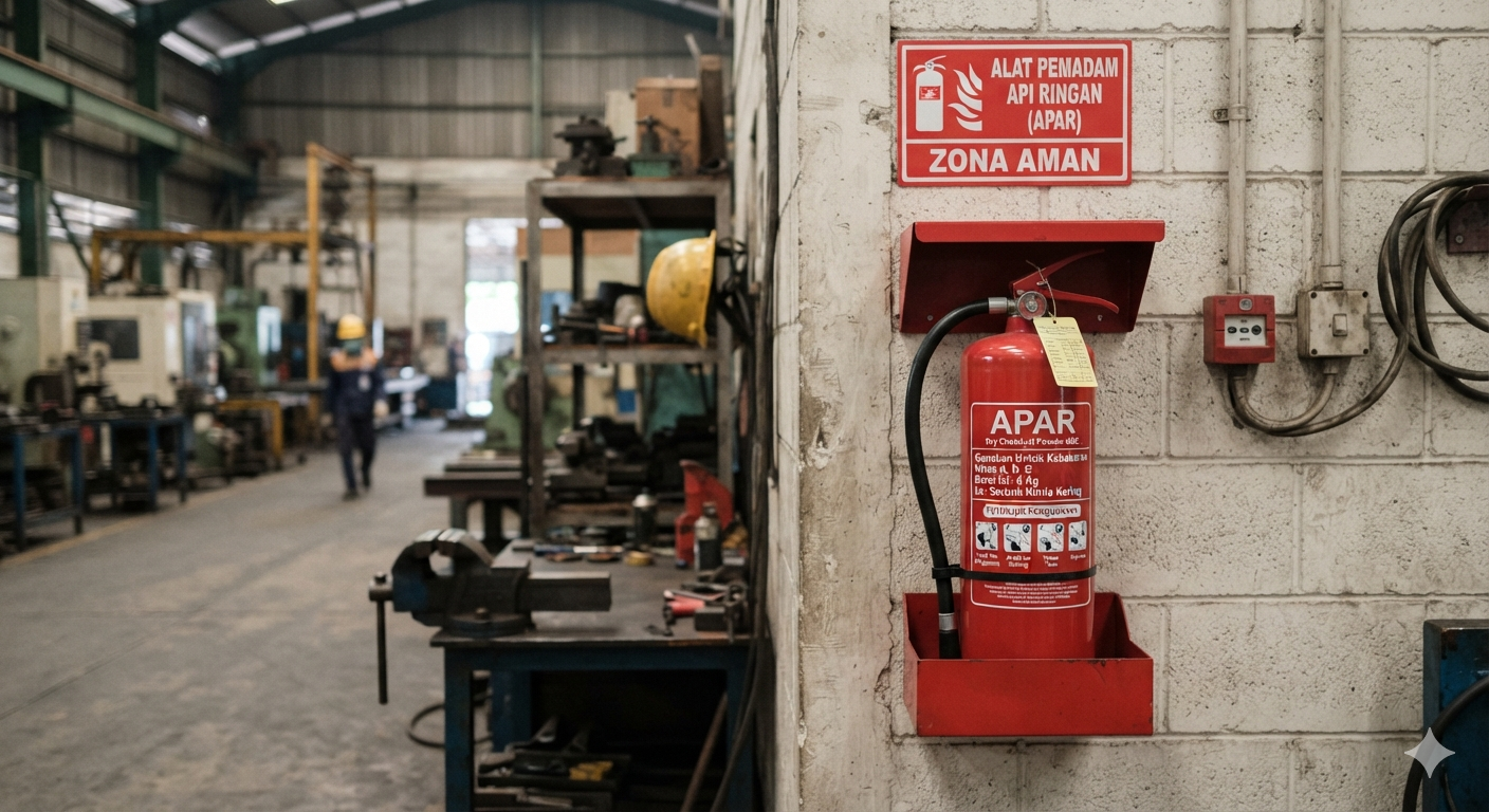 Alat pemadam api ringan jenis powder di dinding area kerja