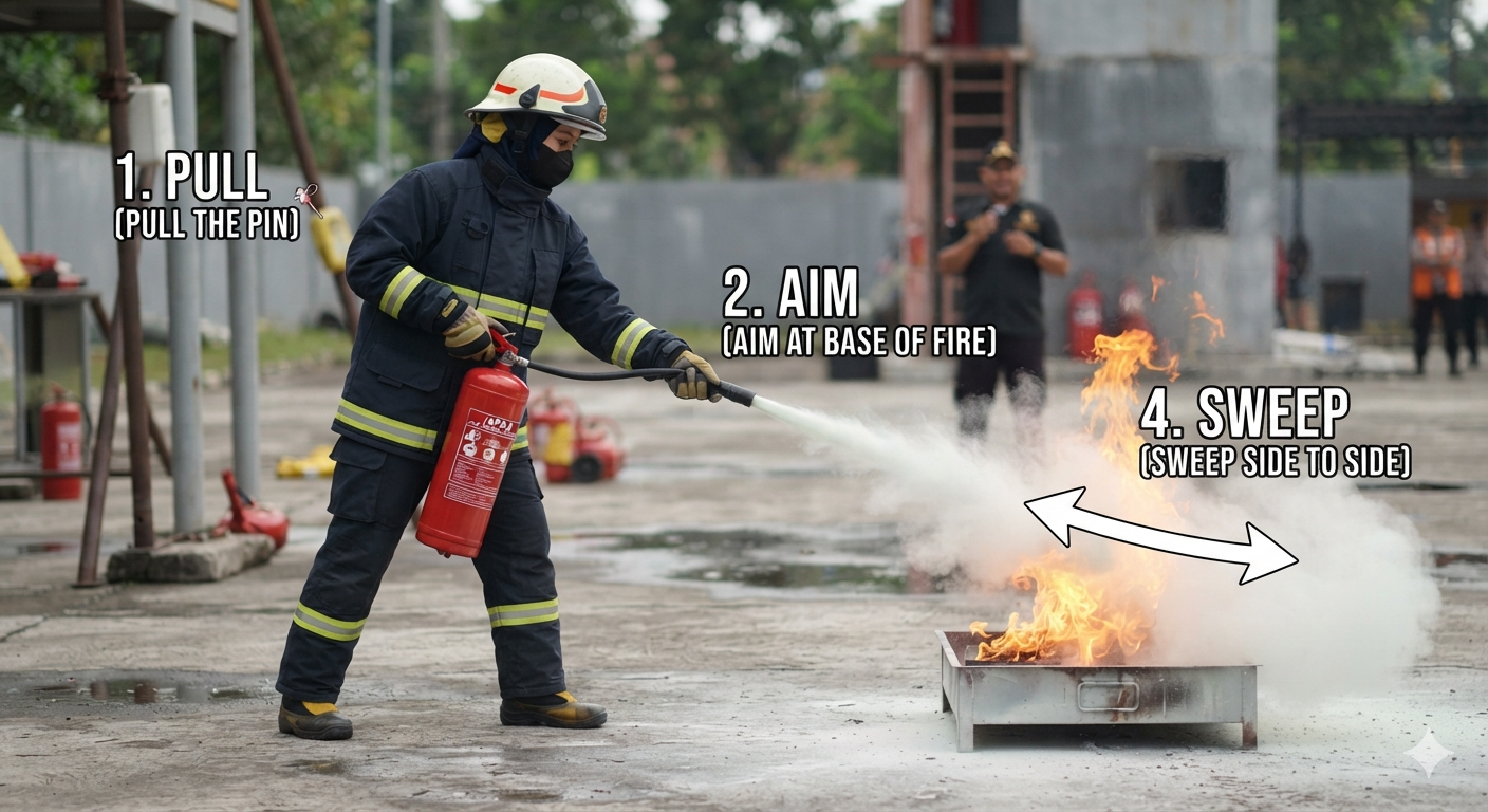 Petugas menggunakan APAR dengan metode PASS