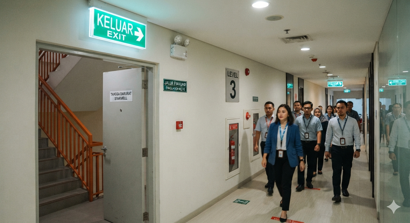 Jalur evakuasi kebakaran dengan tanda arah keluar yang jelas