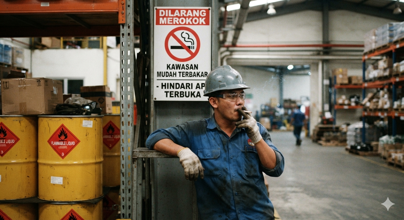 Pekerja merokok di area terlarang dekat bahan mudah terbakar