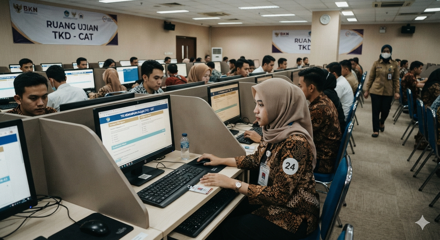 Peserta mengikuti Tes Kemampuan Dasar menggunakan komputer di ruang ujian