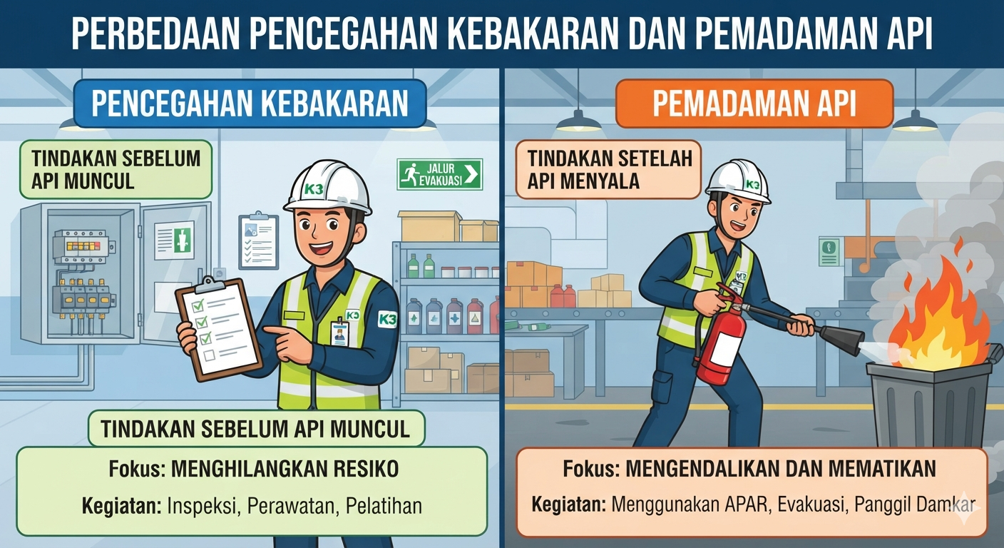 Petugas keselamatan kerja menjelaskan perbedaan pencegahan kebakaran dan pemadaman api