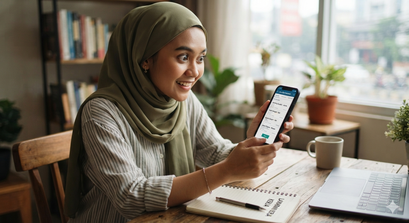 Pencari kerja menatap layar ponsel dengan ekspresi berharap saat mencari lowongan kerja online