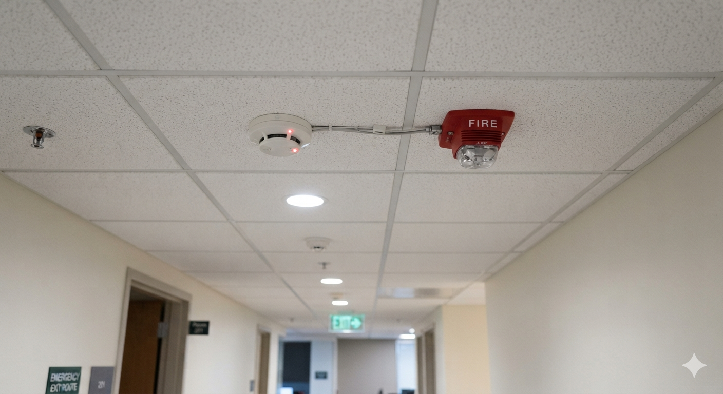 Smoke detector dan alarm kebakaran di plafon gedung
