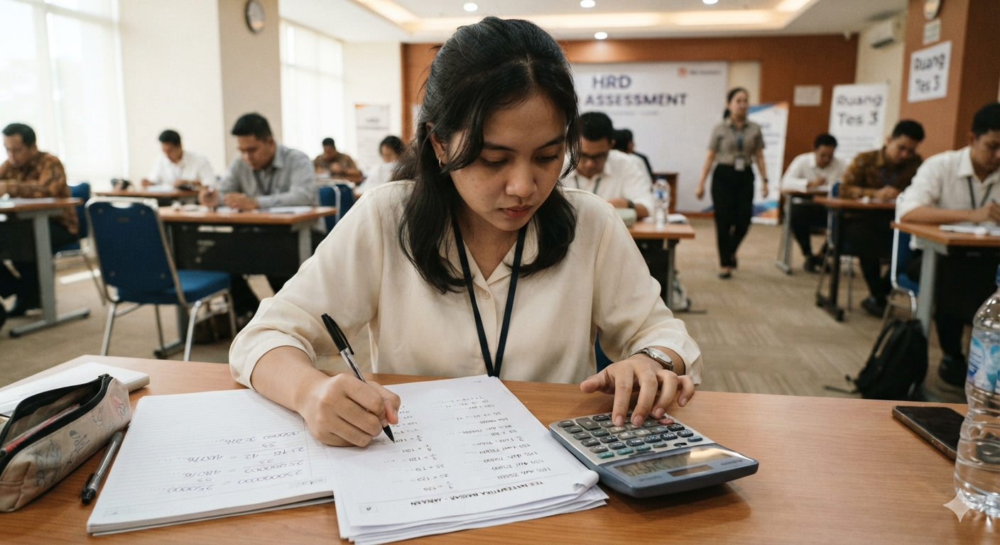 Peserta tes kerja menghitung soal matematika dasar menggunakan kalkulator dan catatan