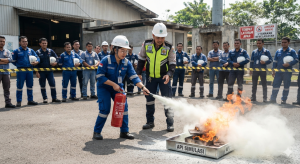 Helm keselamatan proyek berwarna putih digunakan pekerja industri