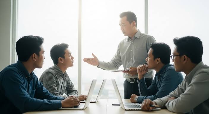 Suasana rapat kerja profesional dengan ekspresi serius saat membahas masalah proyek