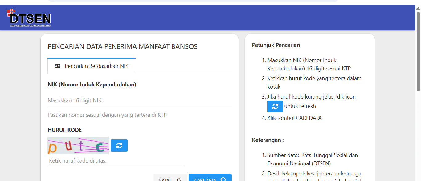 Tampilan situs resmi Cek Bansos Kemensos untuk pencarian data penerima bantuan sosial