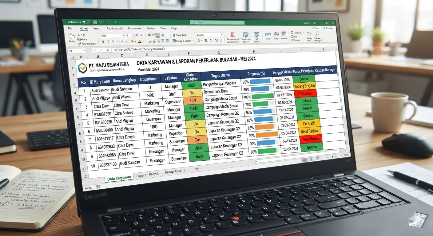 Contoh spreadsheet Excel berisi data karyawan dan laporan pekerjaan