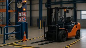 Marka lantai jalur forklift berwarna kuning di area gudang