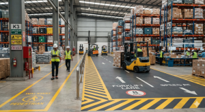 Gudang logistik dengan jalur pejalan kaki dan jalur forklift yang diberi marka keselamatan