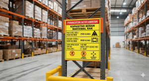 Label kapasitas maksimal beban pada rak penyimpanan gudang