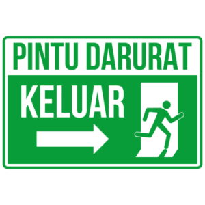 Rambu jalur evakuasi berwarna hijau menuju pintu darurat