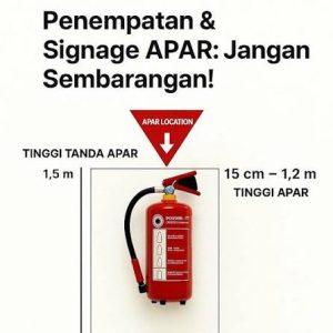 APAR terpasang di dinding dengan rambu pemadam kebakaran berwarna merah