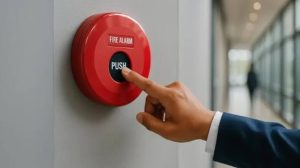 Tombol manual fire alarm berwarna merah di dinding gedung