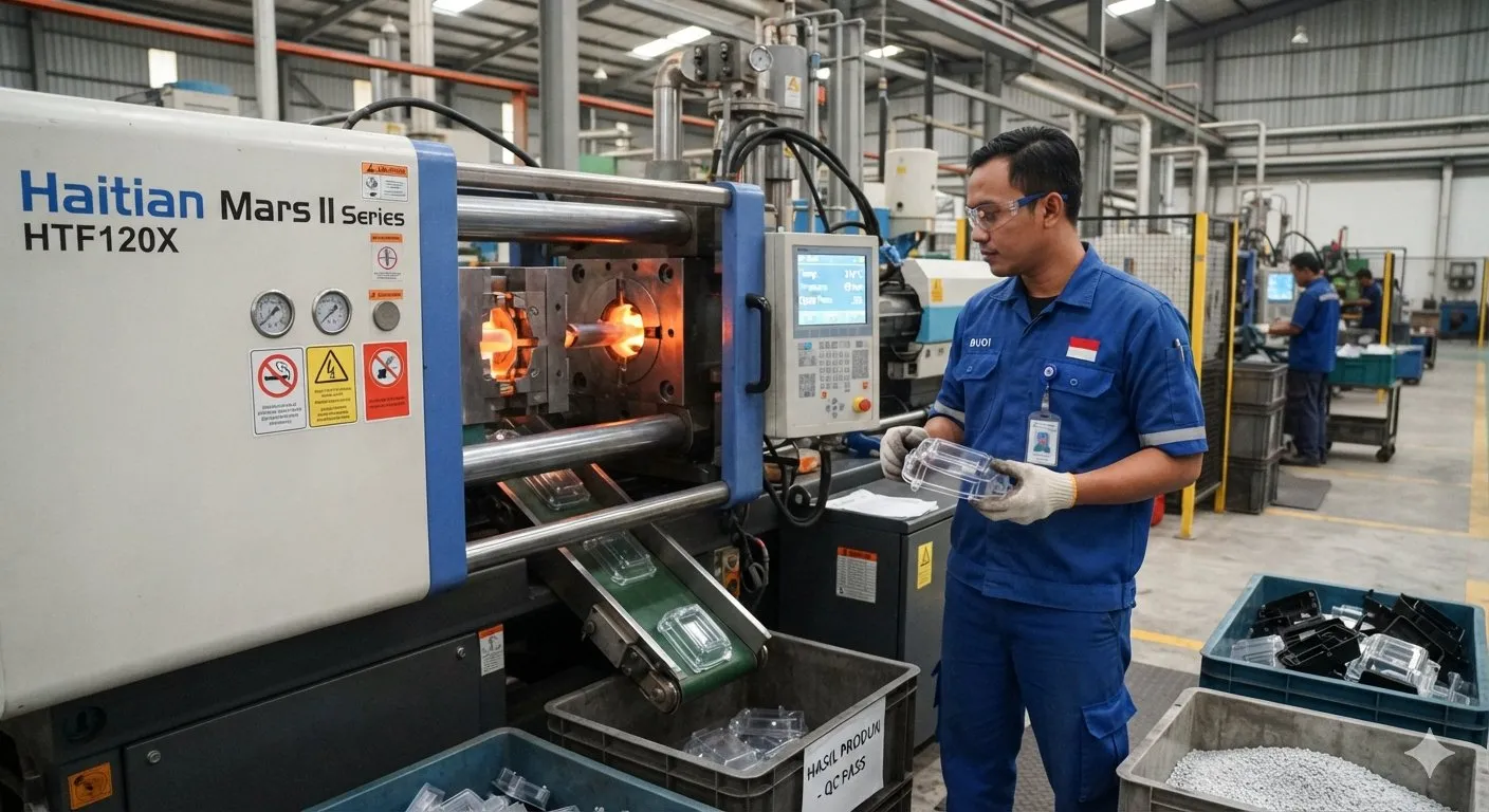 Operator produksi memantau mesin injection molding dan hasil produk plastik di area produksi