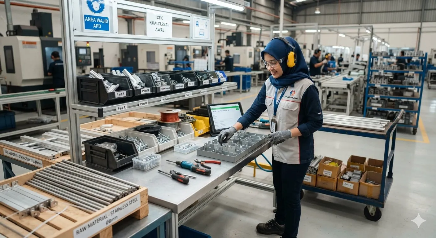 Operator menyiapkan bahan dan material sebelum proses produksi